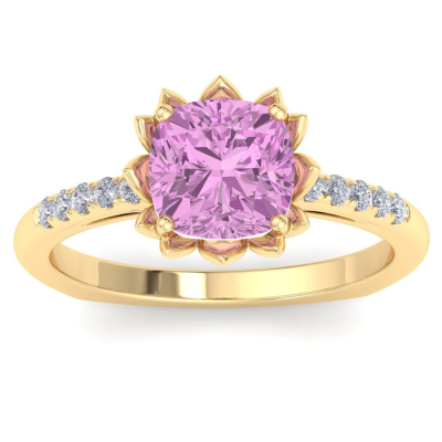 1 1/2 Carat Cushion Cut Pink Topaz and Diamond Ring In 14K Yellow Gold
