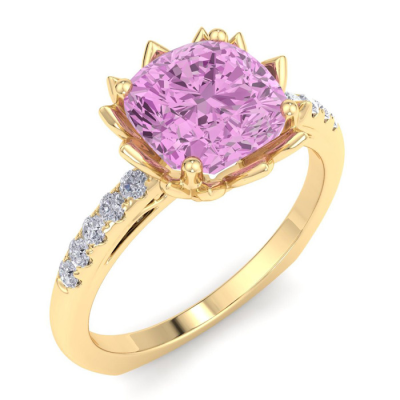 1 1/2 Carat Cushion Cut Pink Topaz and Diamond Ring In 14K Yellow Gold