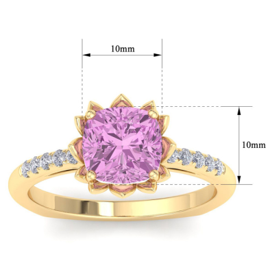 1 1/2 Carat Cushion Cut Pink Topaz and Diamond Ring In 14K Yellow Gold