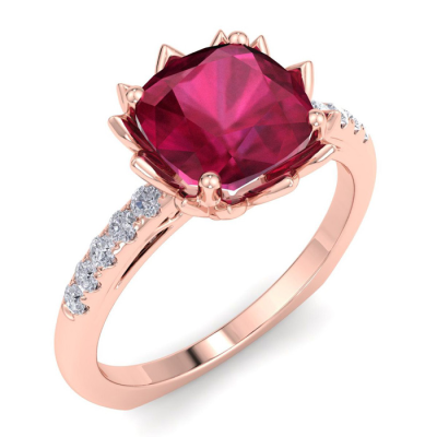 1 1/2 Carat Cushion Cut Ruby and Diamond Ring In 14K Rose Gold