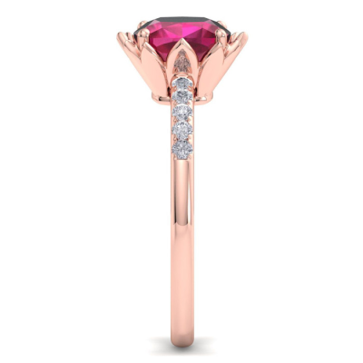 1 1/2 Carat Cushion Cut Ruby and Diamond Ring In 14K Rose Gold