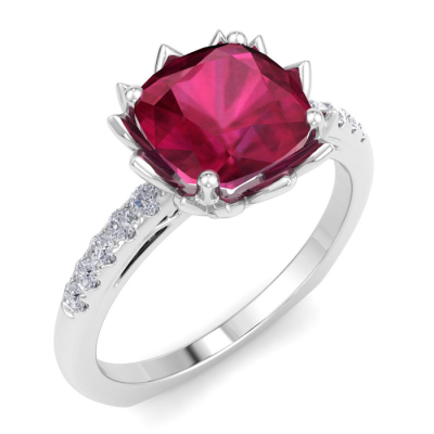1 1/2 Carat Cushion Cut Ruby and Diamond Ring In 14K White Gold