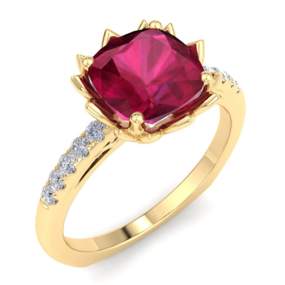 1 1/2 Carat Cushion Cut Ruby and Diamond Ring In 14K Yellow Gold