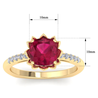 1 1/2 Carat Cushion Cut Ruby and Diamond Ring In 14K Yellow Gold