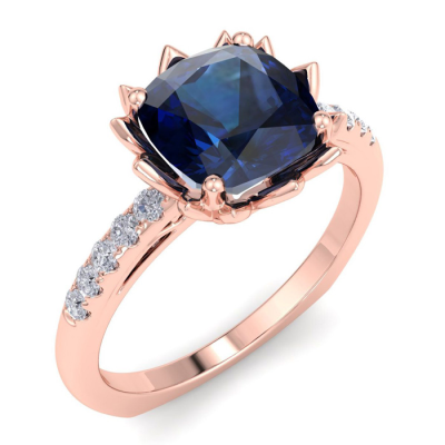 1 1/2 Carat Cushion Cut Sapphire and Diamond Ring In 14K Rose Gold