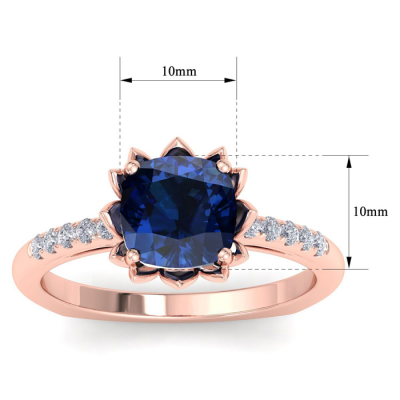 1 1/2 Carat Cushion Cut Sapphire and Diamond Ring In 14K Rose Gold