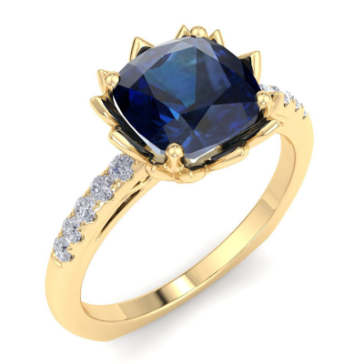 1 1/2 Carat Cushion Cut Sapphire and Diamond Ring In 14K Yellow Gold