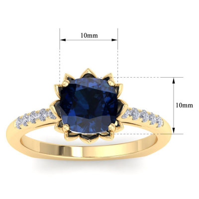1 1/2 Carat Cushion Cut Sapphire and Diamond Ring In 14K Yellow Gold