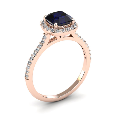 1 1/2 Carat Cushion Cut Sapphire and Halo Diamond Ring In 14K Rose Gold