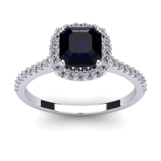 1 1/2 Carat Cushion Cut Sapphire and Halo Diamond Ring In 14K White Gold