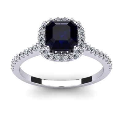 1 1/2 Carat Cushion Cut Sapphire and Halo Diamond Ring In 14K White Gold
