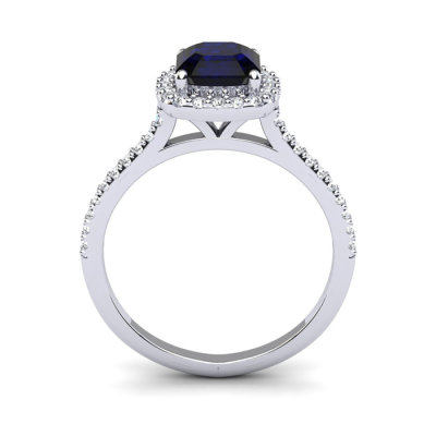 1 1/2 Carat Cushion Cut Sapphire and Halo Diamond Ring In 14K White Gold
