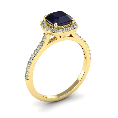 1 1/2 Carat Cushion Cut Sapphire and Halo Diamond Ring In 14K Yellow Gold