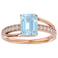 1 1/2 Carat Emerald Shape Aquamarine and Diamond Ring In 14 Karat Rose Gold