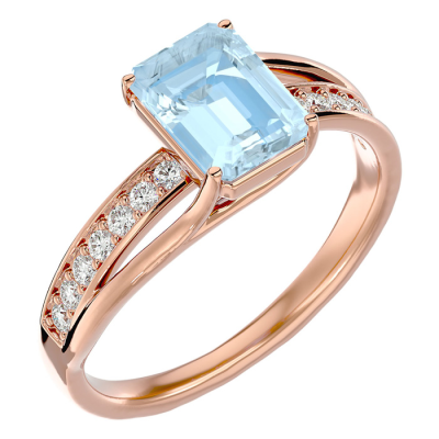 1 1/2 Carat Emerald Shape Aquamarine and Diamond Ring In 14 Karat Rose Gold
