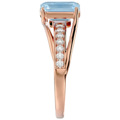 1 1/2 Carat Emerald Shape Aquamarine and Diamond Ring In 14 Karat Rose Gold
