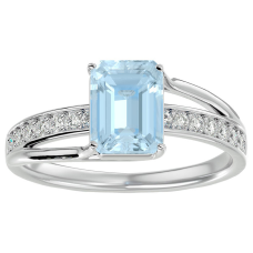 1 1/2 Carat Emerald Shape Aquamarine and Diamond Ring In 14 Karat White Gold