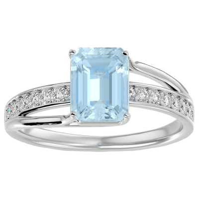 1 1/2 Carat Emerald Shape Aquamarine and Diamond Ring In 14 Karat White Gold