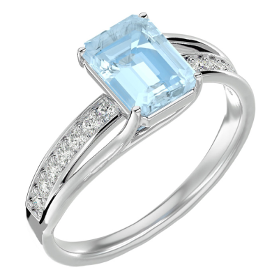 1 1/2 Carat Emerald Shape Aquamarine and Diamond Ring In 14 Karat White Gold