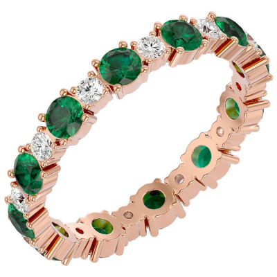 1 1/2 Carat Emerald and Diamond Eternity Ring In 14 Karat Rose Gold, Ring Size 6.5