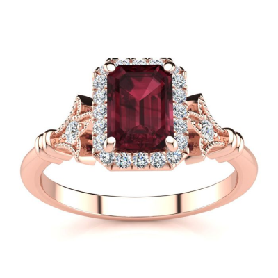 1 1/2 Carat Garnet and Halo Diamond Vintage Ring In 14 Karat Rose Gold
