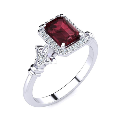 1 1/2 Carat Garnet and Halo Diamond Vintage Ring In 14 Karat White Gold