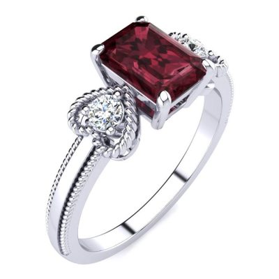 1 1/2 Carat Garnet and Two Diamond Heart Ring In 1.4 Karat White Gold™