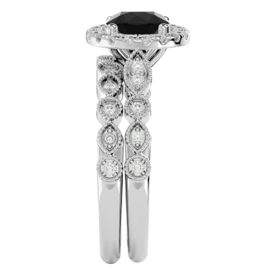 1 1/2 Carat Halo Black Moissanite Bridal Set In 14 Karat White Gold