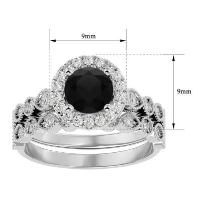 1 1/2 Carat Halo Black Moissanite Bridal Set In 14 Karat White Gold
