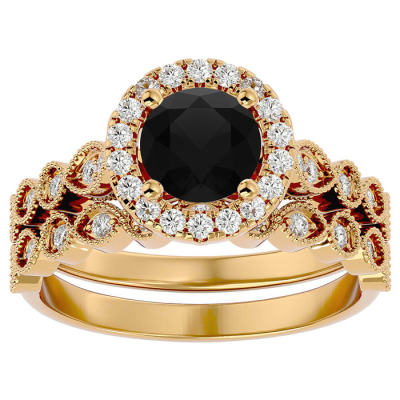1 1/2 Carat Halo Black Moissanite Bridal Set In 14 Karat Yellow Gold