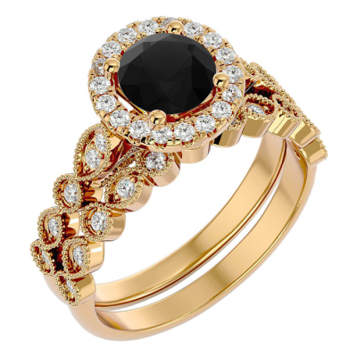 1 1/2 Carat Halo Black Moissanite Bridal Set In 14 Karat Yellow Gold