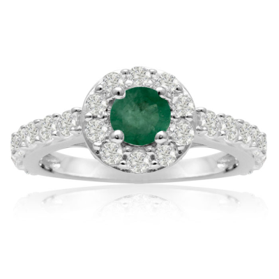 1 1/2 Carat Halo Diamond and Emerald Engagement Ring in 14 Karat White Gold
