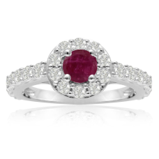 1 1/2 Carat Halo Diamond and Ruby Engagement Ring in 14 Karat White Gold