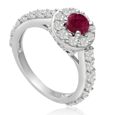 1 1/2 Carat Halo Diamond and Ruby Engagement Ring in 14 Karat White Gold
