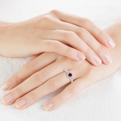 1 1/2 Carat Halo Diamond and Ruby Engagement Ring in 14 Karat White Gold
