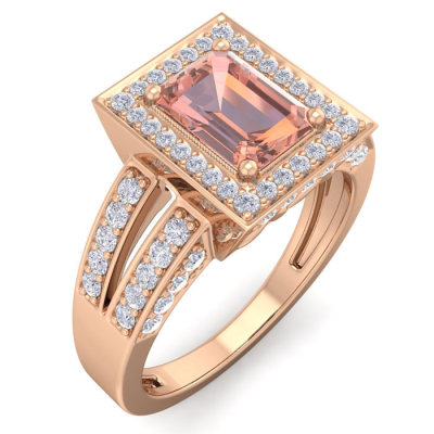 1 1/2 Carat Morganite and Halo Diamond Ring In 14 Karat Rose Gold