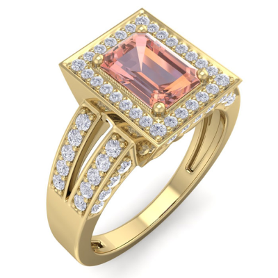 1 1/2 Carat Morganite and Halo Diamond Ring In 14 Karat Yellow Gold