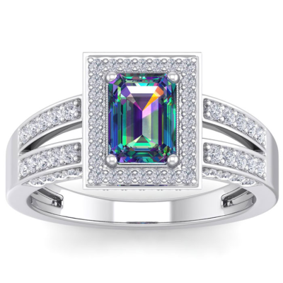 1 1/2 Carat Mystic Topaz and Halo Diamond Ring In 14 Karat White Gold