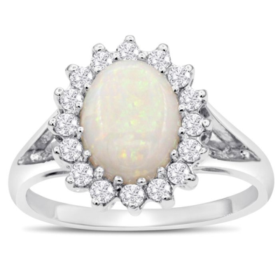 1 1/2 Carat Opal and Halo Diamond Ring In 14 Karat White Gold