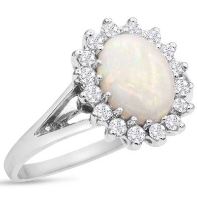 1 1/2 Carat Opal and Halo Diamond Ring In 14 Karat White Gold