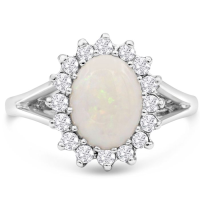 1 1/2 Carat Opal and Halo Diamond Ring In 14 Karat White Gold