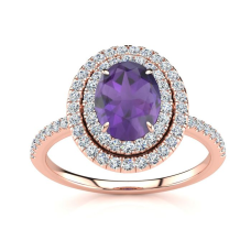 1 1/2 Carat Oval Shape Amethyst and Double Halo Diamond Ring In 14 Karat Rose Gold
