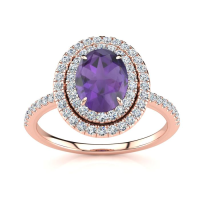1 1/2 Carat Oval Shape Amethyst and Double Halo Diamond Ring In 14 Karat Rose Gold