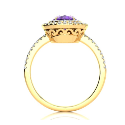 1 1/2 Carat Oval Shape Amethyst and Double Halo Diamond Ring In 14 Karat Yellow Gold