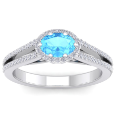 1 1/2 Carat Oval Shape Antique Blue Topaz and Halo Diamond Ring In 14 Karat White Gold