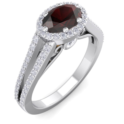 1 1/2 Carat Oval Shape Antique Garnet and Halo Diamond Ring In 14 Karat White Gold