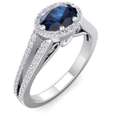 1 1/2 Carat Oval Shape Antique Sapphire and Halo Diamond Ring In 14 Karat White Gold