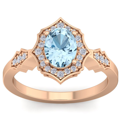 1 1/2 Carat Oval Shape Aquamarine and Diamond Ring In 14 Karat Rose Gold