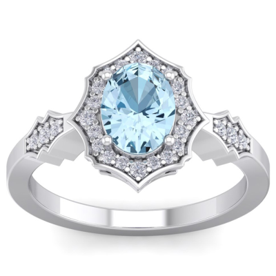 1 1/2 Carat Oval Shape Aquamarine and Diamond Ring In 14 Karat White Gold