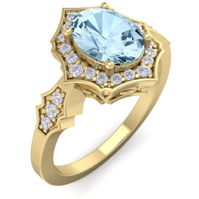 1 1/2 Carat Oval Shape Aquamarine and Diamond Ring In 14 Karat Yellow Gold